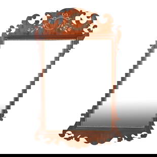 Kindel Furniture Georgian Carved Mahogany and Gold Gilt Framed Wall Mirror: A gorgeous Georgian or Chippendale style wall mirror By Kindel Furniture USA, Circa 1980s Mahogany, with carved gold gilt wreath and trim. Measures: 29"W x 1.25"D x 45.75"H. Very good original vintage