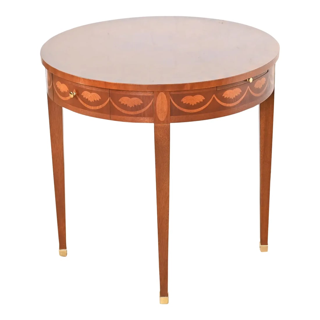Baker Furniture Federal Inlaid Mahogany Tea Table or Occasional Side Table: A gorgeous Federal or Hepplewhite style tea table or occasional side table By Baker Furniture USA, Late 20th Century Mahogany, with beautiful satinwood inlaid marquetry, original brass hardware, and b