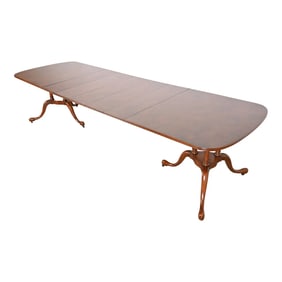 Georgian Mahogany and Burl Wood Double Pedestal Extension Dining Table by Irwin, Newly Refinished