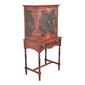 Antique Chinoiserie Jacobean Red Lacquered Hand Painted Bookcase or Bar Cabinet, Circa 1920s