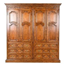 Baker Furniture French Provincial Louis XV Carved Oak Double Armoire Dresser or Linen Press