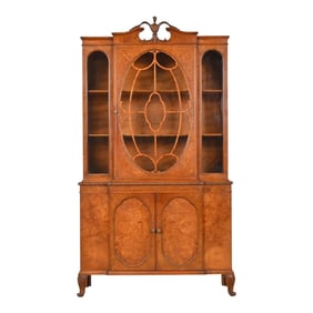Romweber French Provincial Louis XV Burl Wood Breakfront Bookcase Cabinet, Circa 1920s