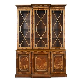 Kindel Furniture Georgian Chinoiserie Mahogany Lighted Breakfront Bookcase Cabinet