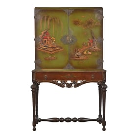 Chinoiserie Jacobean Hand Painted Bookcase or Bar Cabinet, Circa 1920s