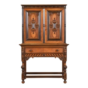 Antique Berkey & Gay English Jacobean Ornate Carved Walnut and Burl Wood Bookcase or Bar Cabinet
