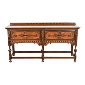 Antique Berkey & Gay English Jacobean Ornate Carved Walnut and Burl Wood Sideboard, Circa 1920s