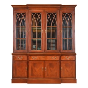 Ethan Allen Georgian Inlaid Mahogany Lighted Breakfront Bookcase Cabinet