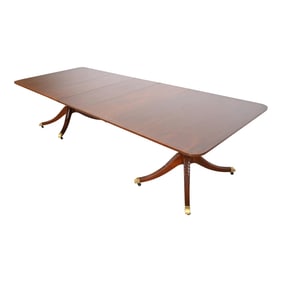 Baker Furniture Georgian Banded Mahogany Double Pedestal Extension Dining Table, Newly Refinished