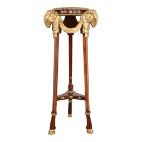 John Widdicomb Neoclassical Mahogany Pedestal Table or Plant Stand With Gold Gilt Ram