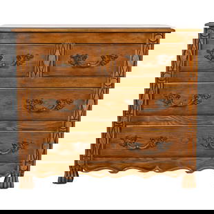 Baker Furniture French Provincial Louis XV Carved Oak Chest of Drawers: A beautiful French Provincial Louis XV style chest of drawers or commode By Baker Furniture USA, Circa 1980s Carved oak, with original brass hardware. Measures: 32"W x 15.75"D x 28"H. Very good origin