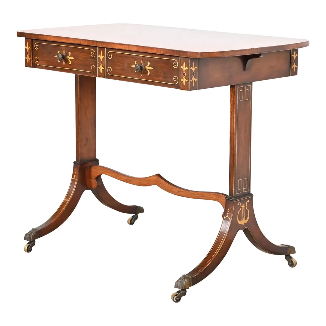 Early Baker Furniture Regency Rosewood Console or Side Table, Circa 1930s: A gorgeous Regency style petite sofa table, side table, or entry console table By Baker Furniture USA, Circa 1930s Rosewood, with hand-painted details, brass hardware, and brass paw feet on castors. M