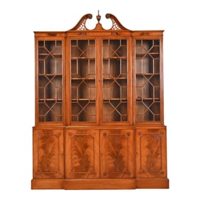 Baker Furniture Style Georgian Carved Flame Mahogany Breakfront Bookcase Cabinet