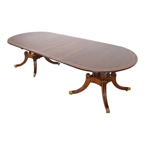 Baker Furniture Style Georgian Banded Mahogany Double Pedestal Extension Dining Table