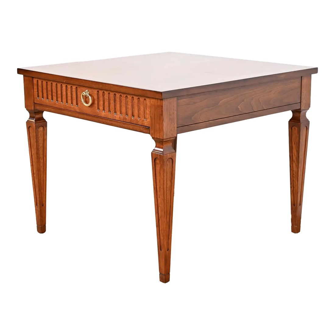 Baker Furniture French Regency Louis XVI Carved Walnut Tea Table or Occasional Side Table: A gorgeous French Regency Louis XVI style nightstand, tea table, or end table By Baker Furniture, "Milling Road" Collection USA, Circa 1960s Carved walnut, with stunning book-matched walnut top, and o