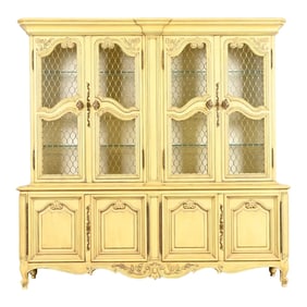 Karges French Provincial Louis XV Cream Lacquered Breakfront Bookcase Cabinet, Circa 1960s