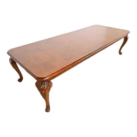 Henredon Italian Baroque Carved Oak and Burl Wood Extension Dining Table, Newly Refinished