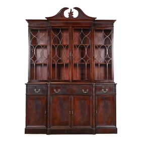 Georgian Carved Flame Mahogany Breakfront Bookcase Cabinet With Secretary Desk, Circa 1930s