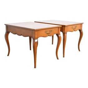 Baker Furniture French Provincial Louis XV Walnut and Cherry Wood Nightstands or End Tables, Pair