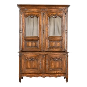 Baker Furniture French Provincial Louis XV Carved Oak Lighted Bar Cabinet, Circa 1960s