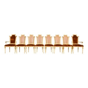 Karges French Regency Louis XVI Cream Painted and Gold Gilt Cane Back Dining Chairs, Set of Eight