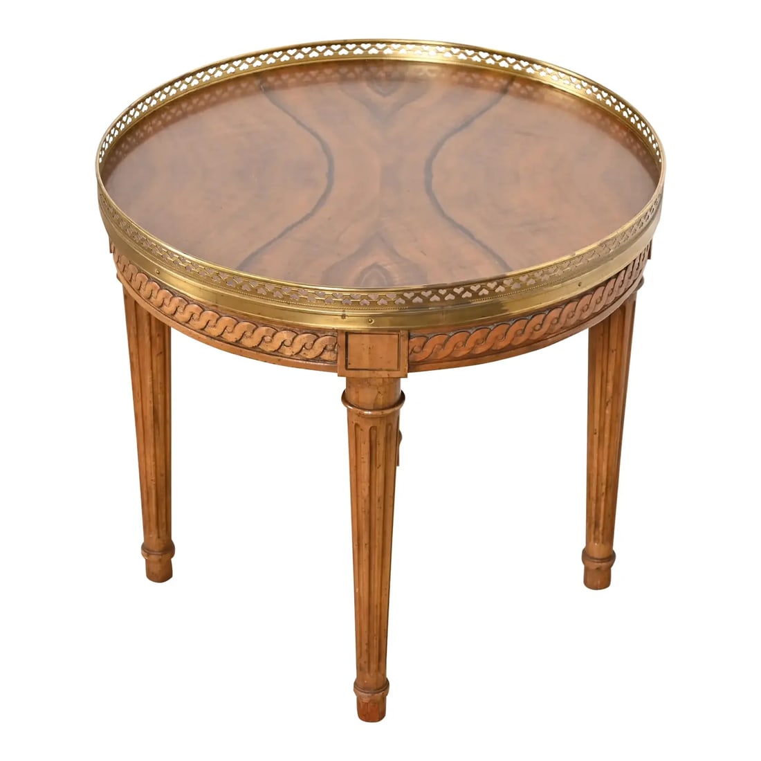 Baker Furniture French Regency Louis XVI Burled Walnut Tea Table: A gorgeous French Regency Louis XVI style tea table or occasional side table By Baker Furniture USA, Circa 1960s Book-matched burled walnut top, with carved walnut legs, and brass gallery. Measures: 1