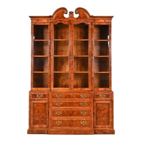 Henredon Georgian Carved Mahogany Lighted Breakfront Bookcase Cabinet