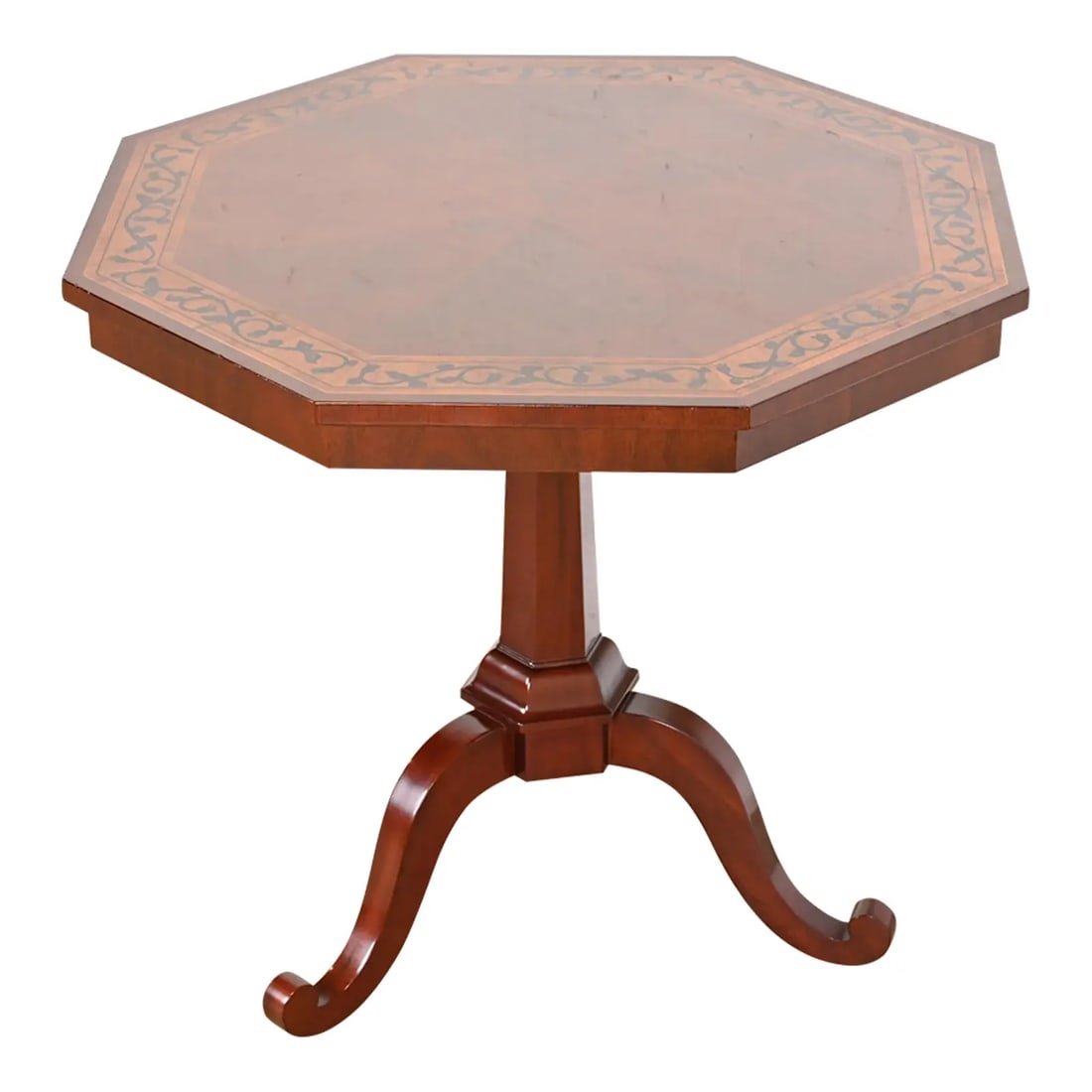 Kindel Furniture Regency Mahogany Inlaid Marquetry Pedestal Tea Table: A gorgeous Regency style pedestal occasional side table or tea table By Kindel Furniture USA, Circa 1980s Mahogany, with satinwood banding and inlaid floral marquetry. Measures: 30"W x 30"D x 27.5"H.