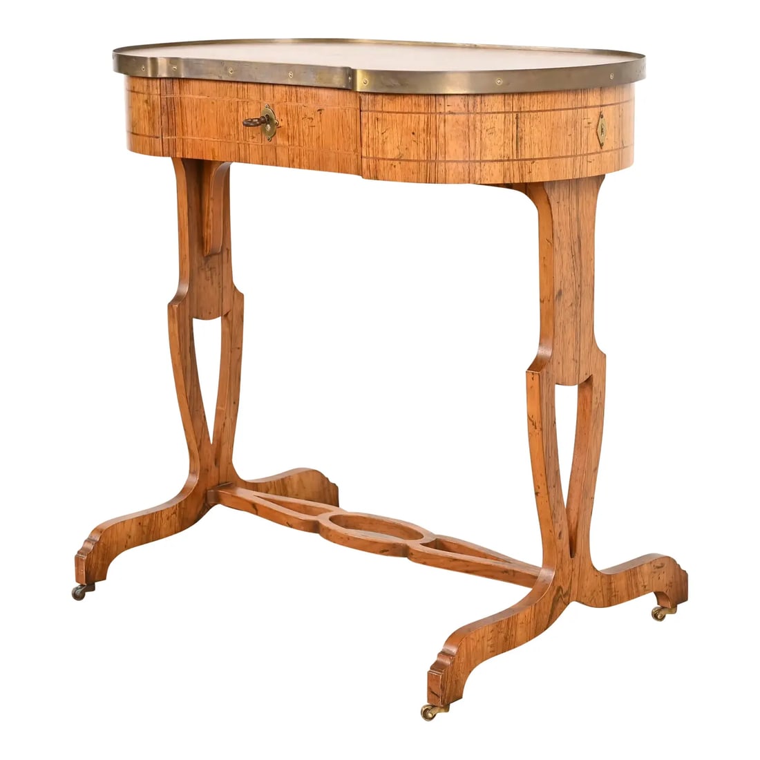 Baker Furniture English Regency Rosewood Console or Petite Writing Desk: A gorgeous English Regency style console table, entry table, or petite ladies writing desk By Baker Furniture USA, Circa 1960s Rosewood, with satinwood string inlay, and original brass hardware. Measu
