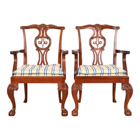 Baker Furniture Chippendale Carved Mahogany Armchairs, Pair