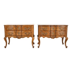 Baker Furniture French Provincial Louis XV Carved Oak and Burl Wood Commodes or Bedside Chests, Pair