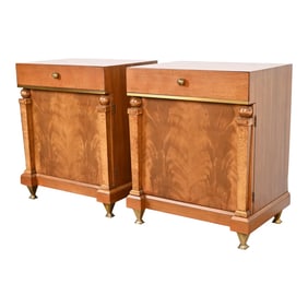 Romweber Empire Mahogany, Burl Wood, and Brass Nightstands, Newly Refinished