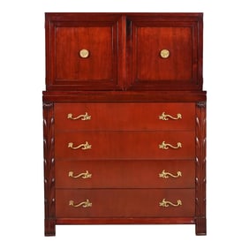 John Stuart French Regency Louis XVI Carved Mahogany Highboy Dresser, Circa 1940s