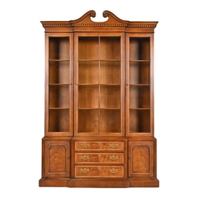 Henredon Georgian Carved Mahogany Lighted Breakfront Bookcase Cabinet