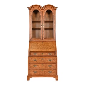 John Stuart Georgian Burl Wood Drop Front Secretary Desk With Bookcase Hutch