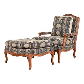 Thomasville French Provincial Louis XV Carved Walnut Upholstered Fauteuil and Ottoman