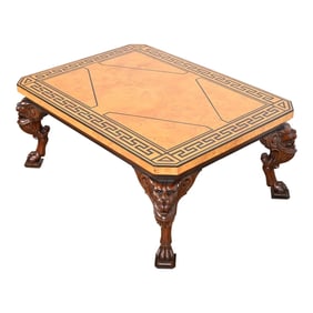 Baker Furniture Neoclassical Cocktail Table With Burl Wood Greek Key Top and Carved Mahogany Lion