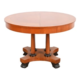 Baker Furniture Neoclassical Cherry Wood and Parcel Ebonized Extension Pedestal Dining Table