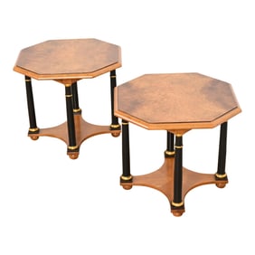 Baker Furniture Neoclassical Burled Walnut Tea Tables, Pair