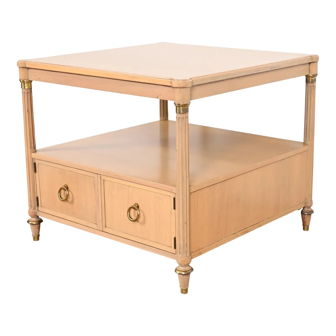 Baker Furniture French Regency Louis XVI Two-Tier Tea Table or Occasional Side Table: A gorgeous French Regency Louis XVI style two-tier tea table or occasional side table By Baker Furniture USA, Circa 1960s Bleached walnut, with brass hardware and accents. Measures: 26.75"W x 26.75"D