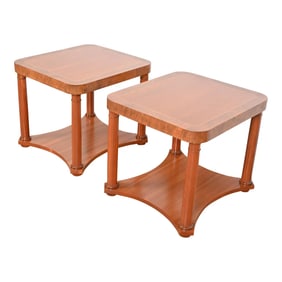 Baker Furniture French Empire Cherry and Burl Side Tables or Nightstands, Newly Refinished