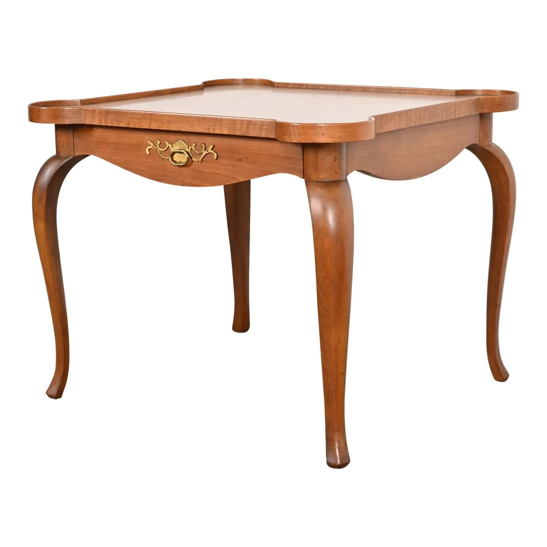 1960s Baker Furniture French Provincial Louis XV Cherry and Burl Wood Tea Table: A gorgeous French Provincial Louis XV style one-drawer nightstand, tea table, or occasional side table By Baker Furniture USA, Circa 1960s Cherry wood, with banded burl wood topwith original brass har