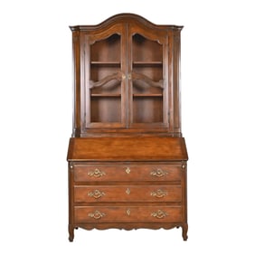 Baker Furniture French Provincial Louis XV Walnut Drop Front Secretary Desk With Bookcase Hutch