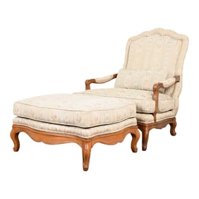 Baker Furniture French Provincial Louis XV Oversized Fauteuil and Ottoman