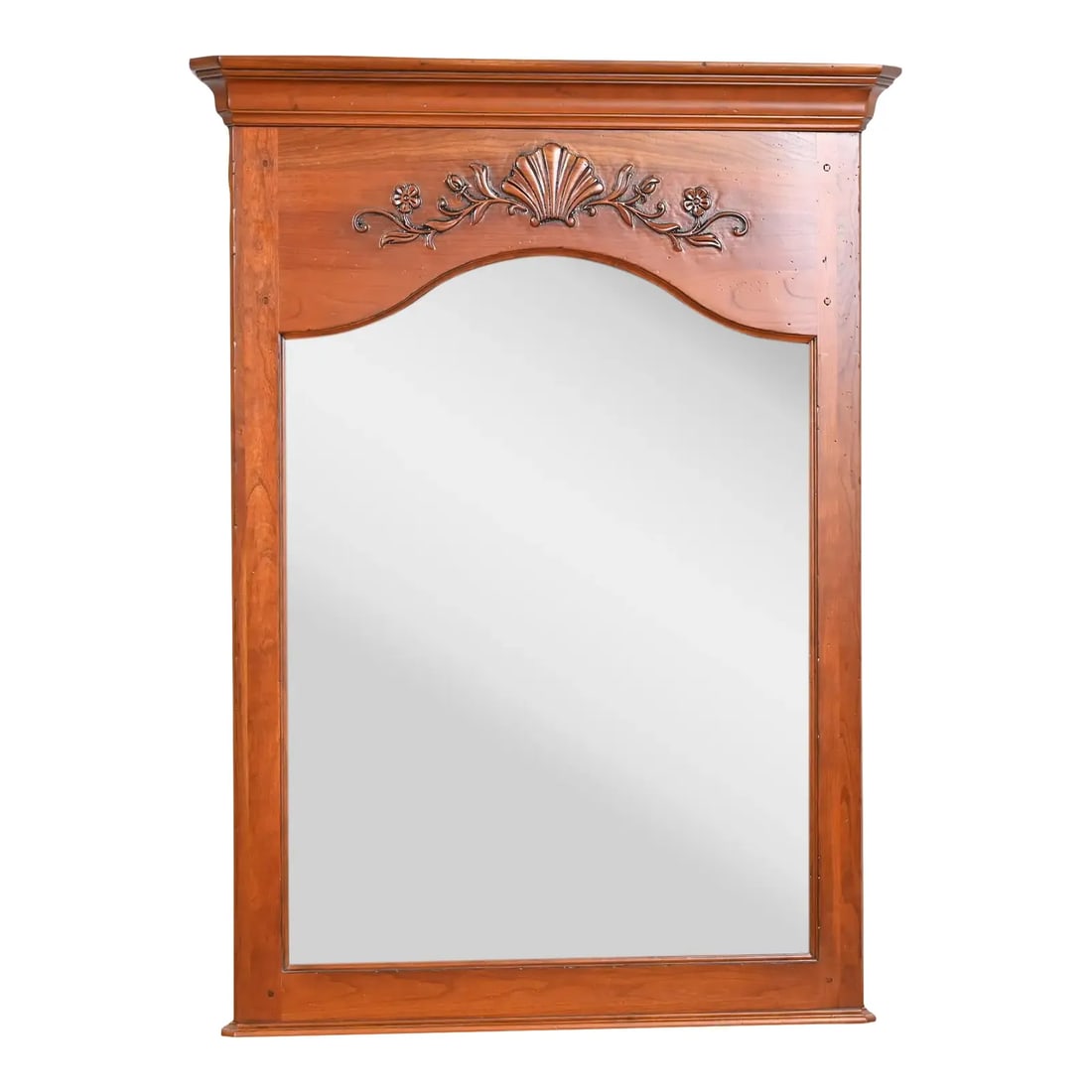 Ethan Allen French Provincial Carved Cherry Wood Beveled Wall Mirror: A stylish French Provincial style cherry framed beveled wall mirror By Ethan Allen USA, Early 21st Century Measures: 35"W x 3"D x 47.25"H. Very good original vintage condition.