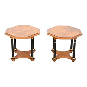 Baker Furniture Neoclassical Burl Wood Parcel Ebonized and Gilt Side Tables, Pair