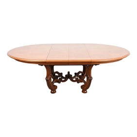 Henredon Italian Provincial Carved Walnut and Burl Wood Pedestal Dining Table, Newly Refinished