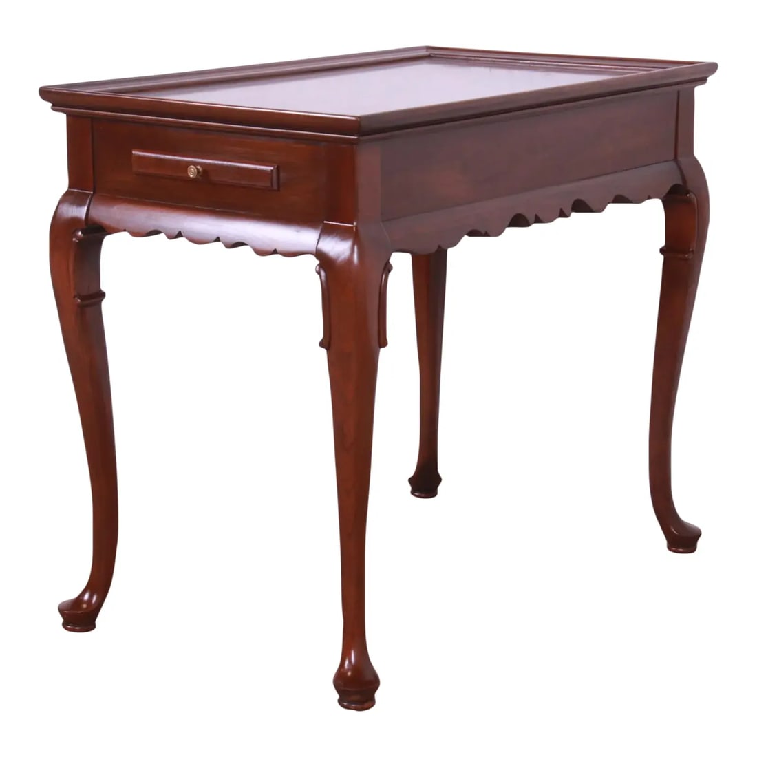 Ethan Allen Queen Anne Cherry Wood Tea Table or Occasional Side Table: A gorgeous Regency or Queen Anne style nightstand, tea table, or occasional side table with pull-out trays By Ethan Allen USA, Circa 1980s Solid cherry wood, with original brass hardware. Measures: 18