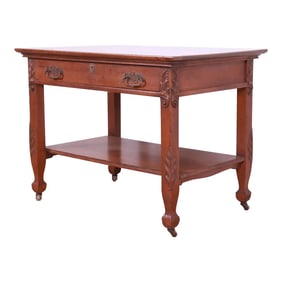 Antique Victorian Carved Oak Writing Desk or Library Table, Circa 1890s