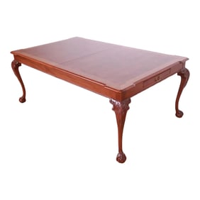Henredon Chippendale Banded Mahogany and Burl Wood Extension Dining Table, Newly Refinished