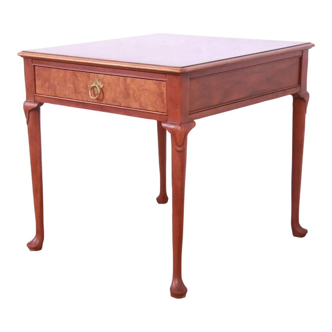 Baker Furniture Regency Burled Walnut Tea Table: A gorgeous Regency or Queen Anne style single drawer nightstand, tea table, or occasional side table By Baker Furniture USA, Circa 1980s Book-matched walnut top, carved solid walnut legs, burl wood dr